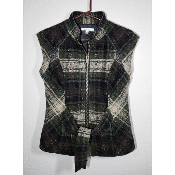 EUC CAbi Womens Size S Tweed Vest Zip Front All Tied Up Wool Blend Green Plaid - Picture 1 of 8